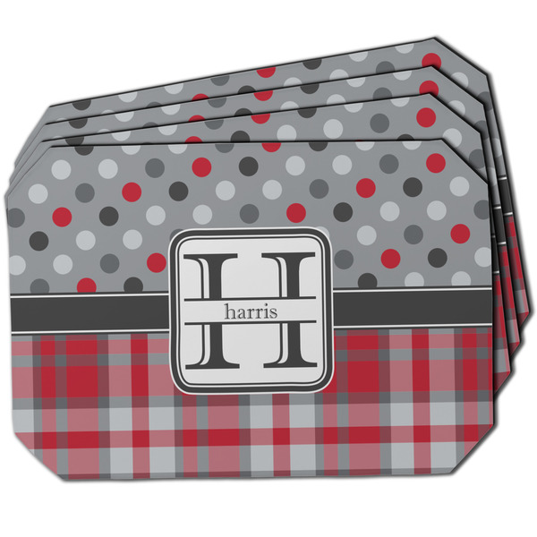 Custom Red & Gray Dots and Plaid Dining Table Mat - Octagon w/ Name and Initial