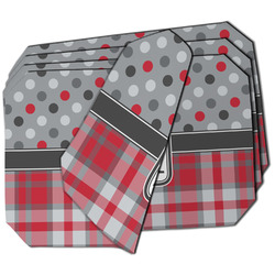 Red & Gray Dots and Plaid Dining Table Mat - Octagon - Set of 4 (Double-SIded) w/ Name and Initial