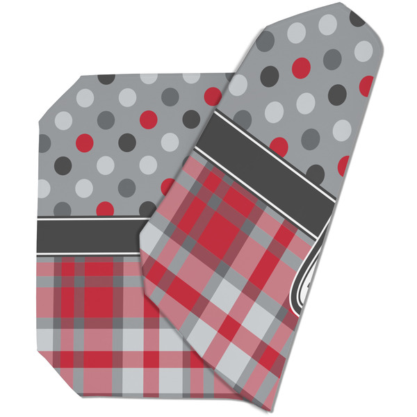 Custom Red & Gray Dots and Plaid Dining Table Mat - Octagon (Double-Sided) w/ Name and Initial