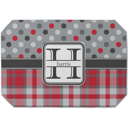 Red & Gray Dots and Plaid Dining Table Mat - Octagon (Single-Sided) w/ Name and Initial