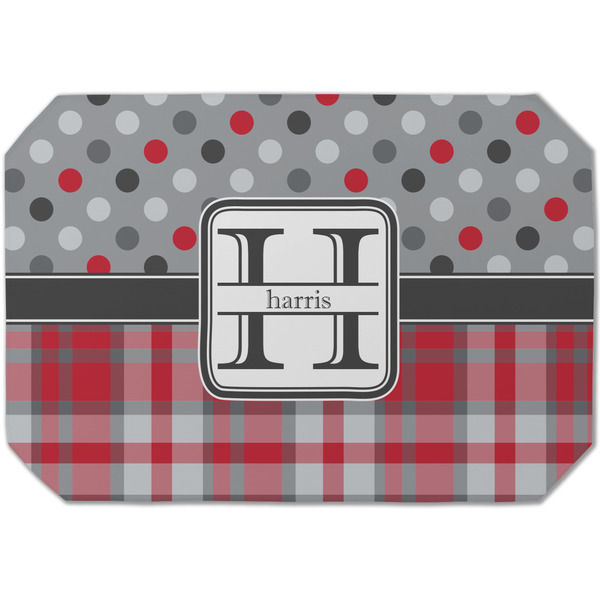 Custom Red & Gray Dots and Plaid Dining Table Mat - Octagon (Single-Sided) w/ Name and Initial