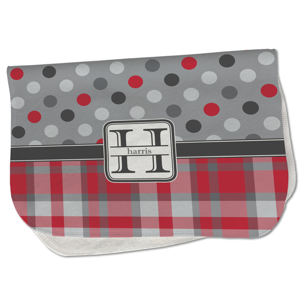 Custom Red & Gray Dots and Plaid Burp Cloth - Fleece w/ Name and Initial