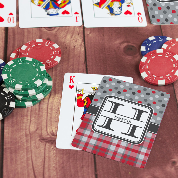 Red & Gray Dots and Plaid On Table with Poker Chips
