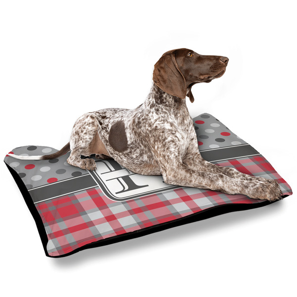 Red & Gray Dots and Plaid Outdoor Dog Beds - Large - IN CONTEXT