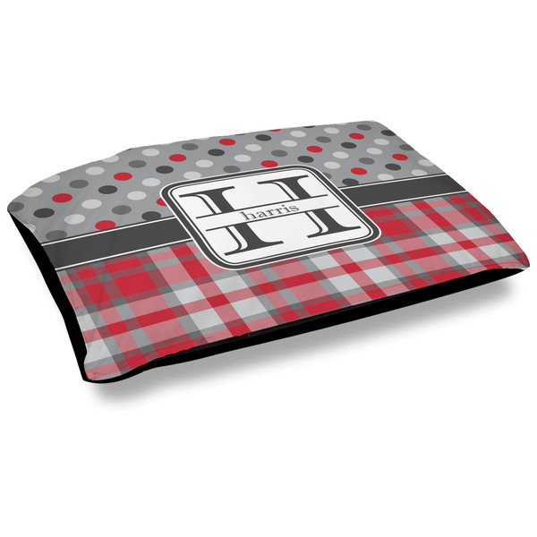 Custom Red & Gray Dots and Plaid Outdoor Dog Bed - Large (Personalized)