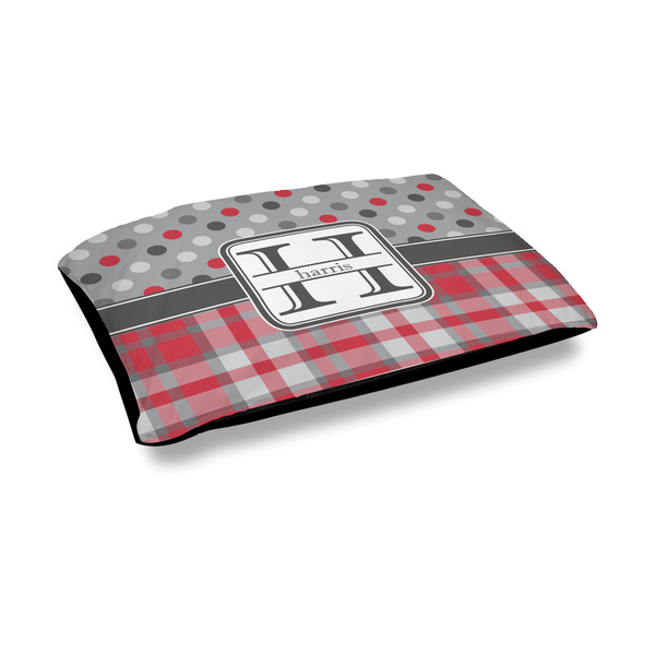 Custom Red & Gray Dots and Plaid Outdoor Dog Bed - Medium (Personalized)