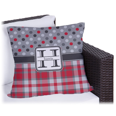 Red & Gray Dots and Plaid Outdoor Pillow (Personalized)
