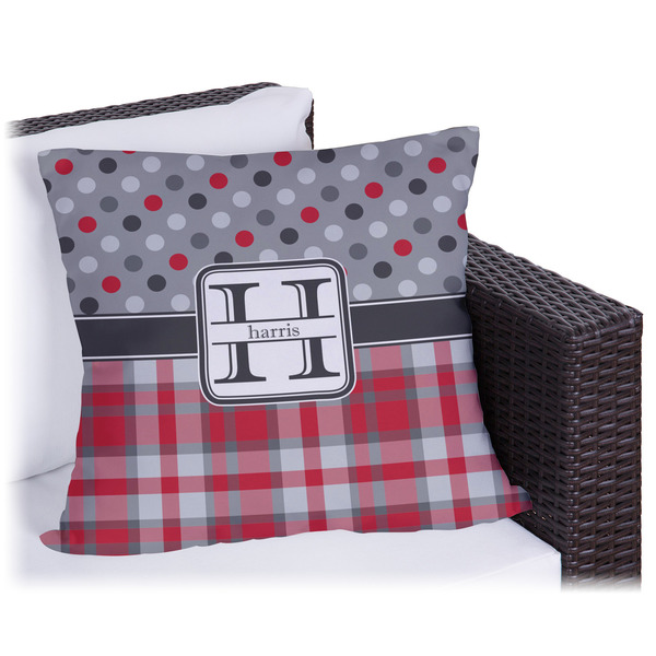 Custom Red & Gray Dots and Plaid Outdoor Pillow (Personalized)