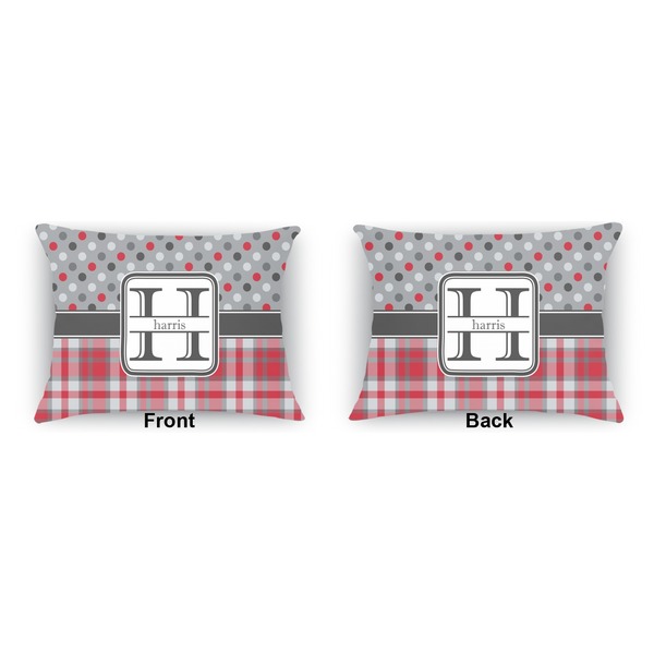 Red & Gray Dots and Plaid  Outdoor Rectangular Throw Pillow (Front and Back)