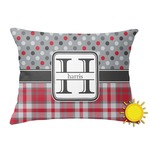 Red & Gray Dots and Plaid Outdoor Throw Pillow (Rectangular) (Personalized)