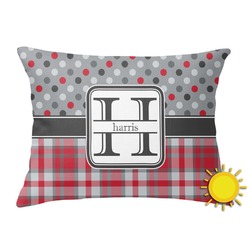 Red & Gray Dots and Plaid Outdoor Throw Pillow (Rectangular) (Personalized)