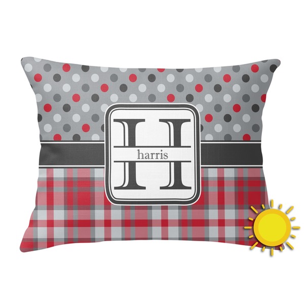 Custom Red & Gray Dots and Plaid Outdoor Throw Pillow (Rectangular) (Personalized)