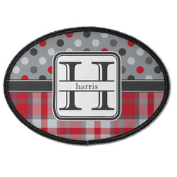 Red & Gray Dots and Plaid Iron On Oval Patch w/ Name and Initial