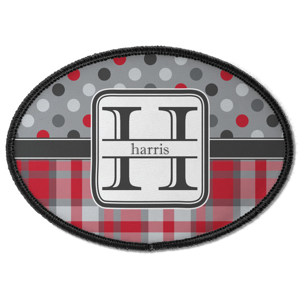 Custom Red & Gray Dots and Plaid Iron On Oval Patch w/ Name and Initial