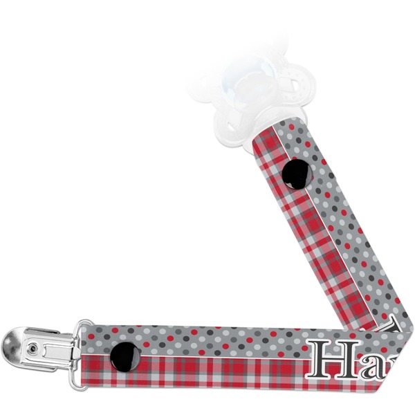 Custom Red & Gray Dots and Plaid Pacifier Clip (Personalized)