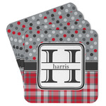 Red & Gray Dots and Plaid Paper Coasters w/ Name and Initial
