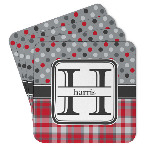Custom Red & Gray Dots and Plaid Paper Coasters w/ Name and Initial