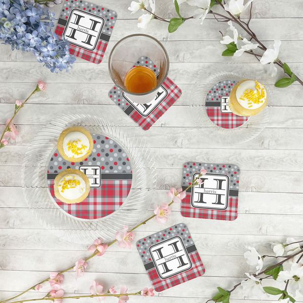 Red & Gray Dots and Plaid Paper Coasters - In Context