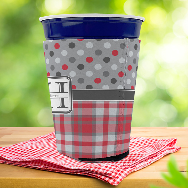 Red & Gray Dots and Plaid Party Cup Sleeves - with bottom - Lifestyle