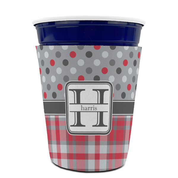 Red & Gray Dots and Plaid Party Cup Sleeves - without bottom - FRONT (on cup)