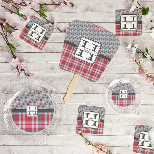 Red & Gray Dots and Plaid Party Supplies Combination Image - All items - Plates, Coasters, Fans