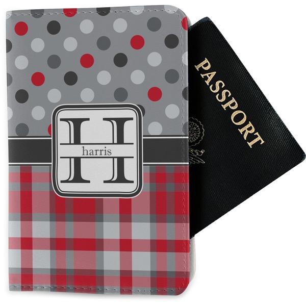 Custom Red & Gray Dots and Plaid Passport Holder - Fabric (Personalized)