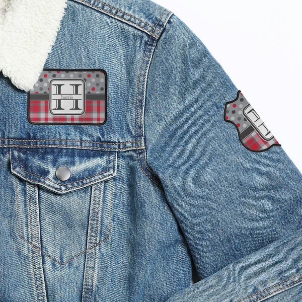 Red & Gray Dots and Plaid Patches Lifestyle Jean Jacket Detail