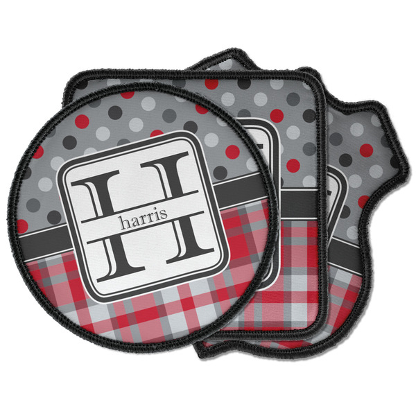 Custom Red & Gray Dots and Plaid Iron on Patches (Personalized)
