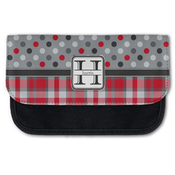 Red & Gray Dots and Plaid Canvas Pencil Case w/ Name and Initial