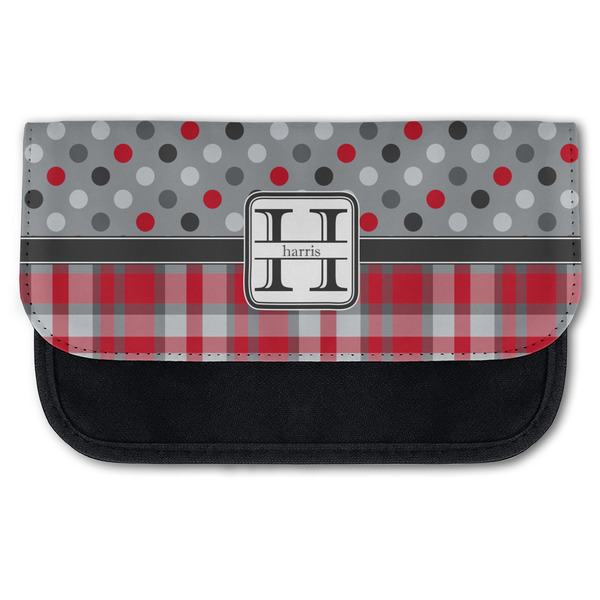 Custom Red & Gray Dots and Plaid Canvas Pencil Case w/ Name and Initial