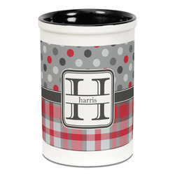 Red & Gray Dots and Plaid Ceramic Pencil Holders - Black