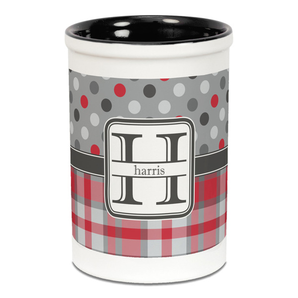 Custom Red & Gray Dots and Plaid Ceramic Pencil Holders - Black