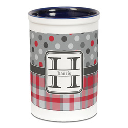 Red & Gray Dots and Plaid Ceramic Pencil Holders - Blue