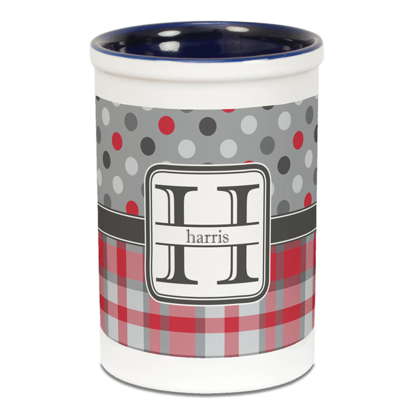 Custom Red & Gray Dots and Plaid Ceramic Pencil Holders - Blue