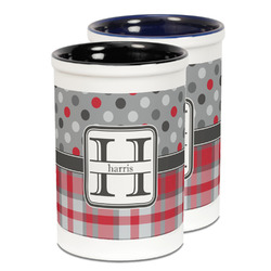 Red & Gray Dots and Plaid Ceramic Pencil Holder - Large