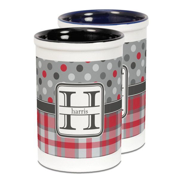 Custom Red & Gray Dots and Plaid Ceramic Pencil Holder - Large