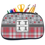 Red & Gray Dots and Plaid Neoprene Pencil Case - Medium w/ Name and Initial