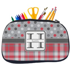 Red & Gray Dots and Plaid Neoprene Pencil Case - Medium w/ Name and Initial