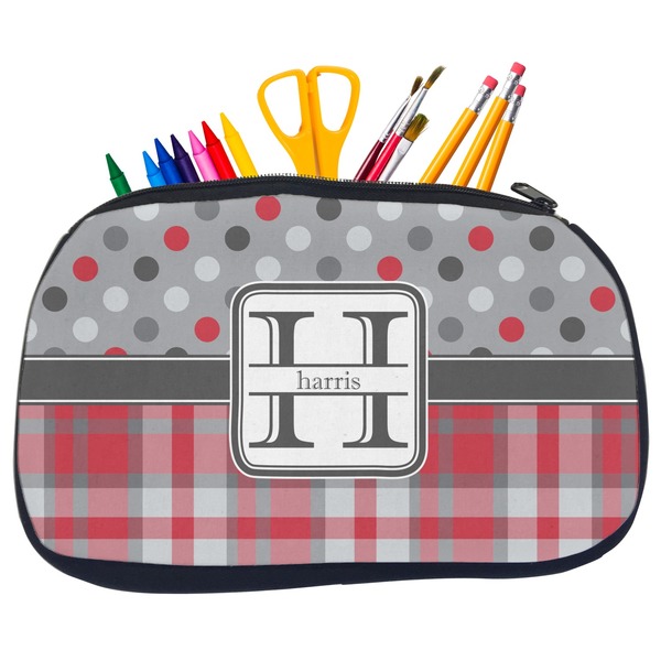 Custom Red & Gray Dots and Plaid Neoprene Pencil Case - Medium w/ Name and Initial