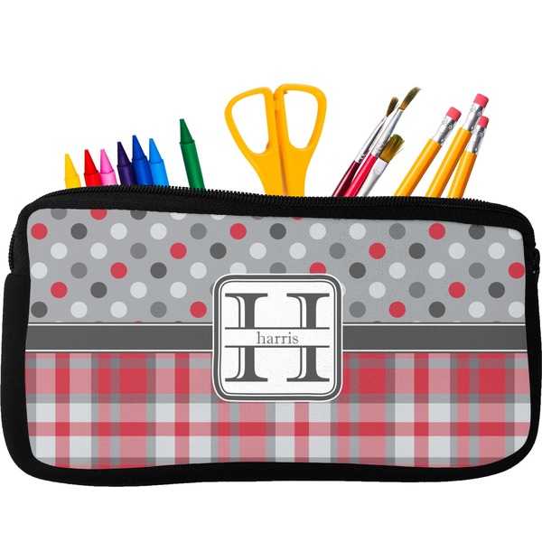 Custom Red & Gray Dots and Plaid Neoprene Pencil Case - Small w/ Name and Initial