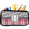 Red & Gray Dots and Plaid Neoprene Pencil Case - Small w/ Name and Initial
