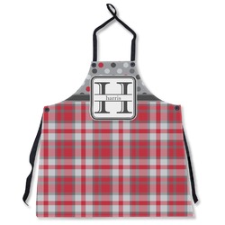 Red & Gray Dots and Plaid Apron Without Pockets w/ Name and Initial