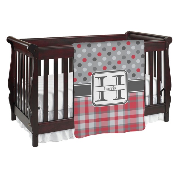 Custom Red & Gray Dots and Plaid Baby Blanket (Single Sided) (Personalized)