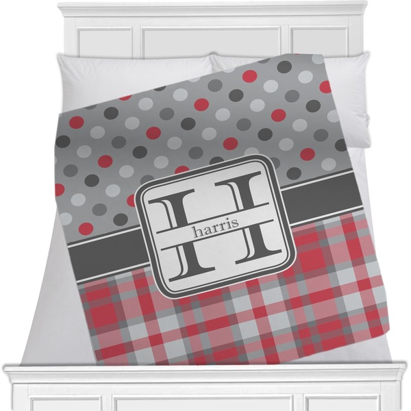 Custom Red & Gray Dots and Plaid Minky Blanket - 40"x30" - Single Sided (Personalized)