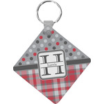 Red & Gray Dots and Plaid Diamond Plastic Keychain w/ Name and Initial