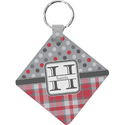 Red & Gray Dots and Plaid Diamond Plastic Keychain w/ Name and Initial