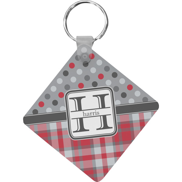 Custom Red & Gray Dots and Plaid Diamond Plastic Keychain w/ Name and Initial