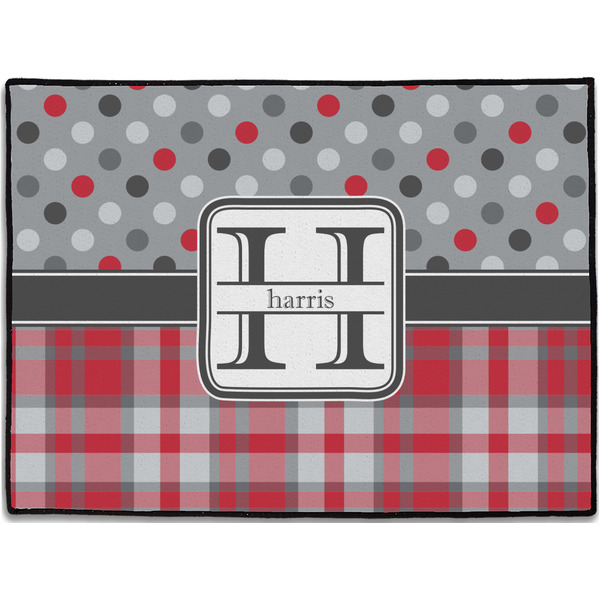 Custom Red & Gray Dots and Plaid Door Mat (Personalized)
