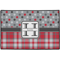 Red & Gray Dots and Plaid Door Mat - 36"x24" (Personalized)