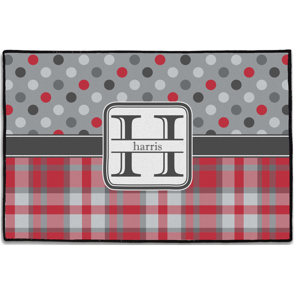 Custom Red & Gray Dots and Plaid Door Mat - 36"x24" (Personalized)